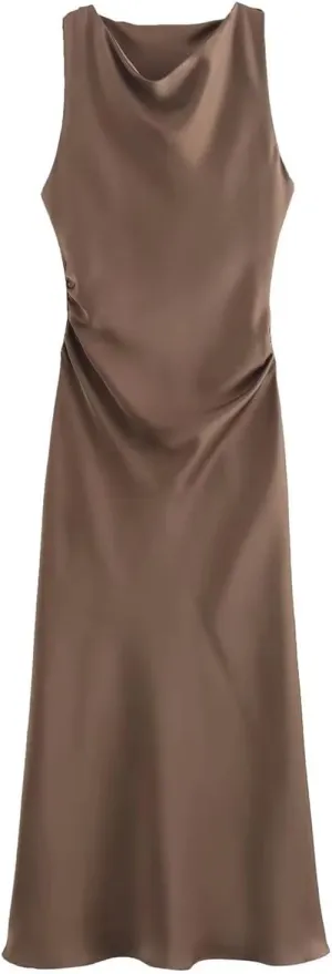 2024 Women's Long Formal Satin Dress Crew Neck Sleeveless Pleated Waist Maxi Dress Elegant Cocktail Party Dress