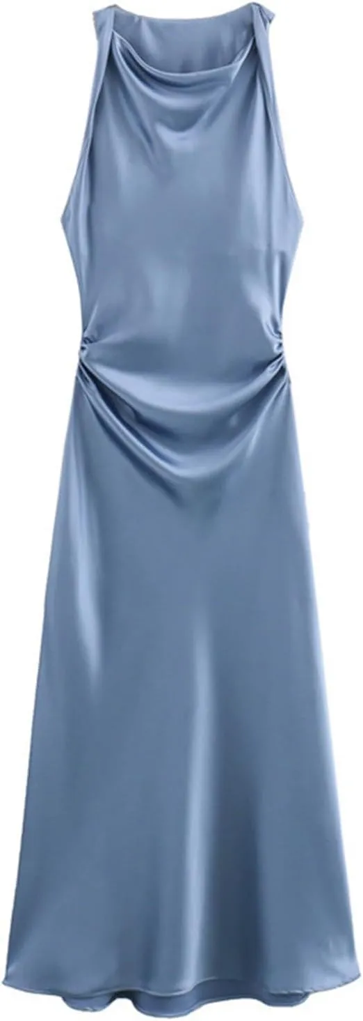 2024 Women's Long Formal Satin Dress Crew Neck Sleeveless Pleated Waist Maxi Dress Elegant Cocktail Party Dress