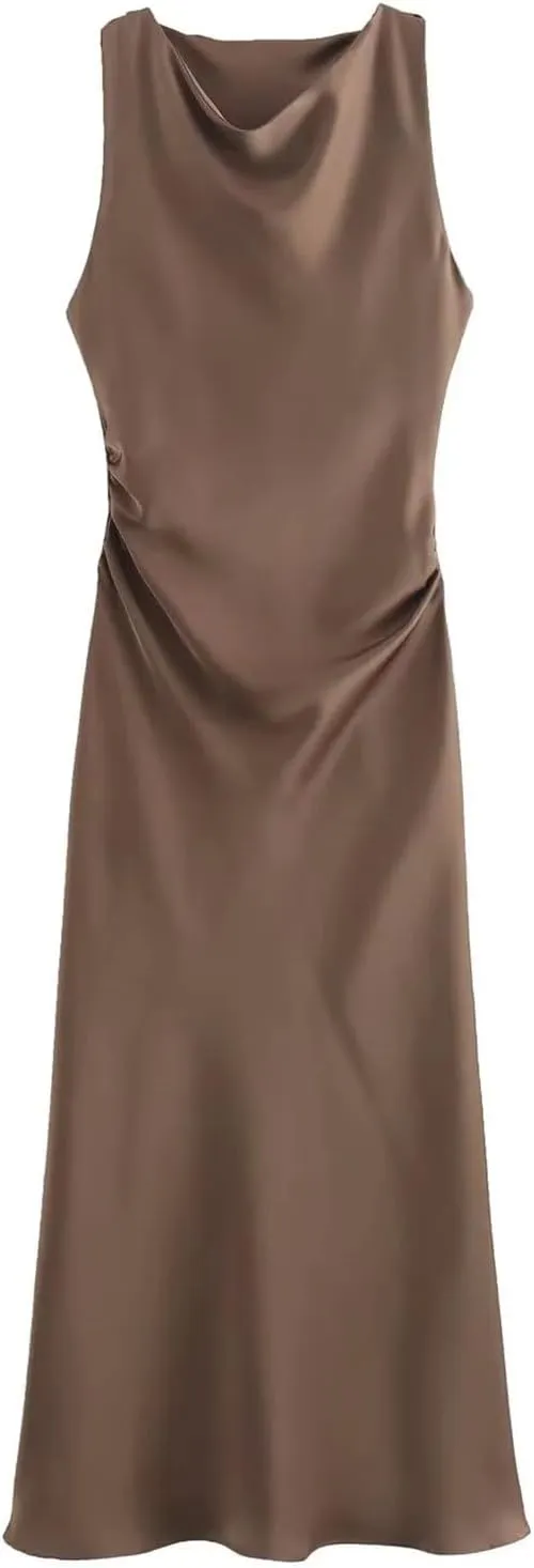 2024 Women's Long Formal Satin Dress Crew Neck Sleeveless Pleated Waist Maxi Dress Elegant Cocktail Party Dress