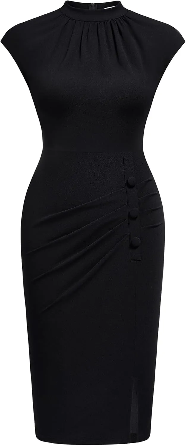 AISIZE Women's Retro Half Collar Ruched Slim Cocktail Pencil Dress