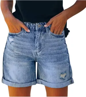 AMDBEL Jeans Shorts for Women High Waist Ripped Stretch Denim Shorts Summer Casual Distressed Cut Off Jeans Short with Pocket