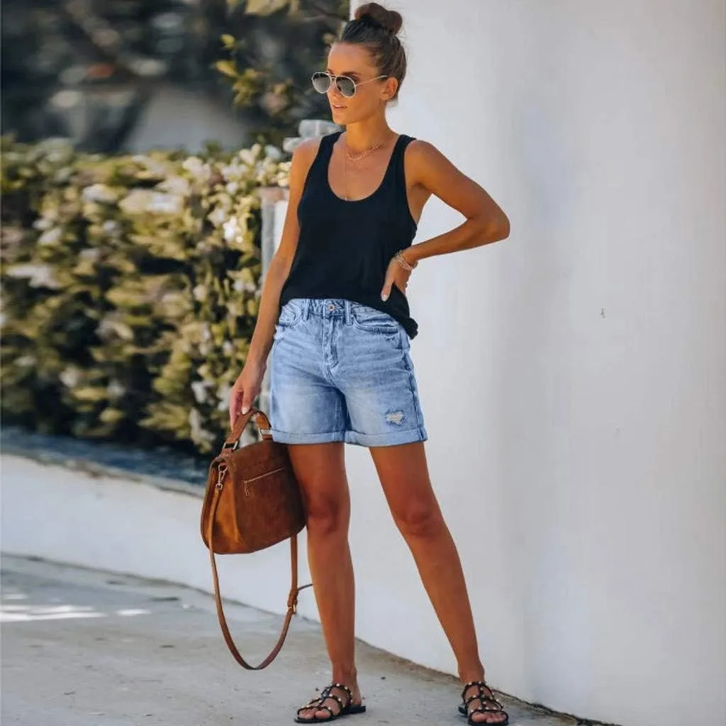 AMDBEL Jeans Shorts for Women High Waist Ripped Stretch Denim Shorts Summer Casual Distressed Cut Off Jeans Short with Pocket