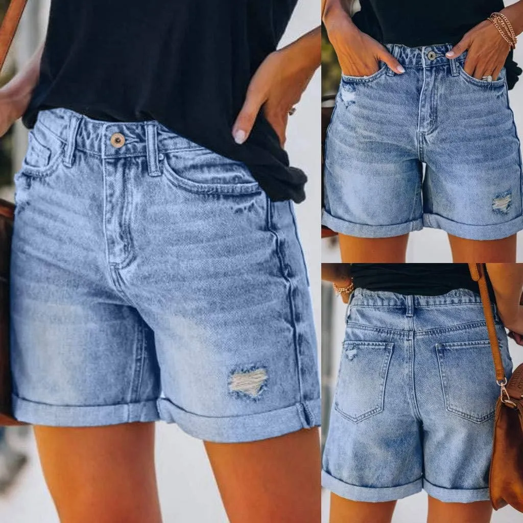 AMDBEL Jeans Shorts for Women High Waist Ripped Stretch Denim Shorts Summer Casual Distressed Cut Off Jeans Short with Pocket
