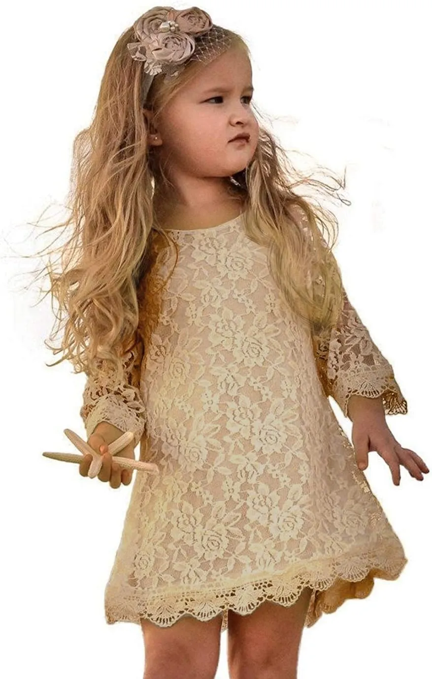 APRIL GIRL Flower Girl Dress, Lace Dress 3/4 Sleeve Dress