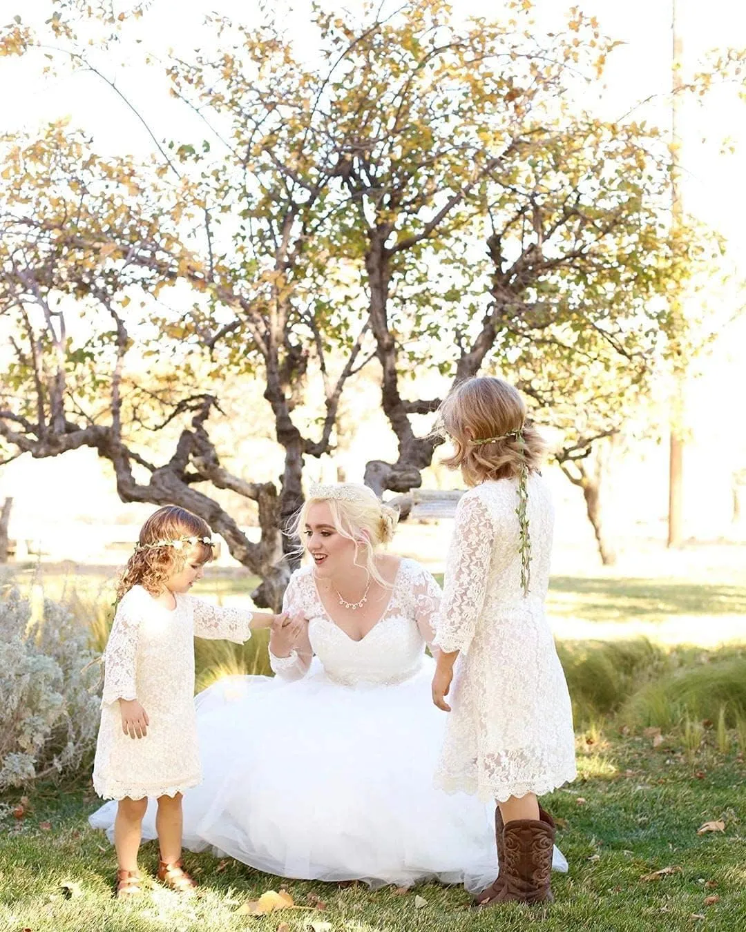 APRIL GIRL Flower Girl Dress, Lace Dress 3/4 Sleeve Dress
