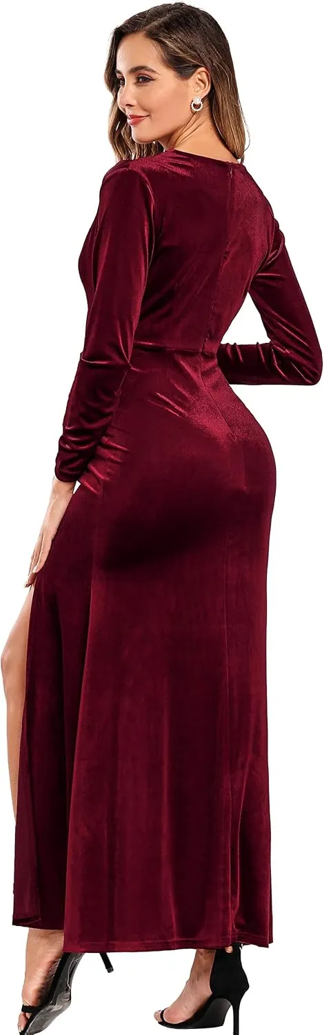 Babalet Women's Elegant Velvet Formal Dress Bodycon Wedding Guest Long Sleeve Dress