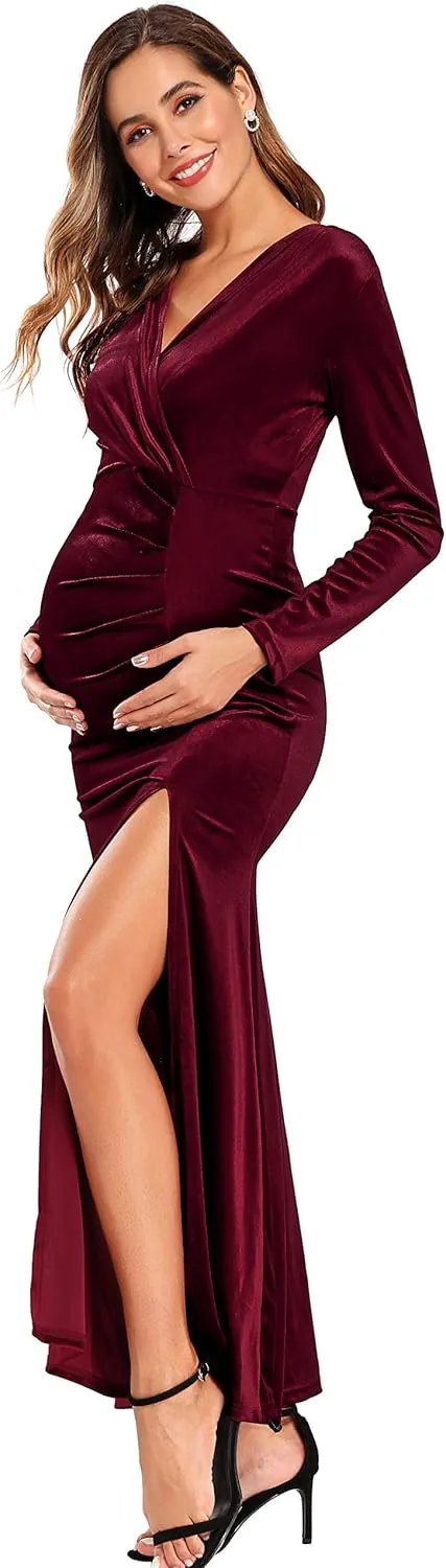 Babalet Women's Elegant Velvet Formal Dress Bodycon Wedding Guest Long Sleeve Dress