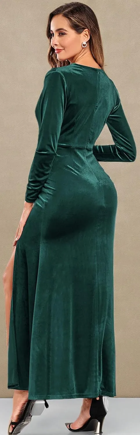 Babalet Women's Elegant Velvet Formal Dress Bodycon Wedding Guest Long Sleeve Dress