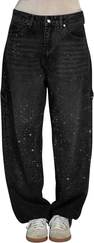 Barrel Jeans for Women Mid Rise Jeans Wide Leg Loose Fit Y2K Boyfriend Baggy Pants Cropped Denim Pants with Pockets
