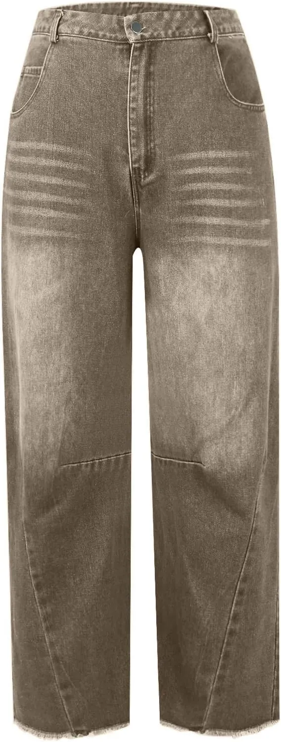 Barrel Leg Jeans Women Balloon Jeans,Women's Baggy Boyfriend Jeans Vintage Wide Leg Mid Rise Barrel Denim Ankle Pants