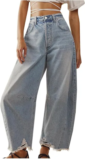 Barrel Leg Jeans Women Balloon Jeans,Women's Baggy Boyfriend Jeans Vintage Wide Leg Mid Rise Barrel Denim Ankle Pants