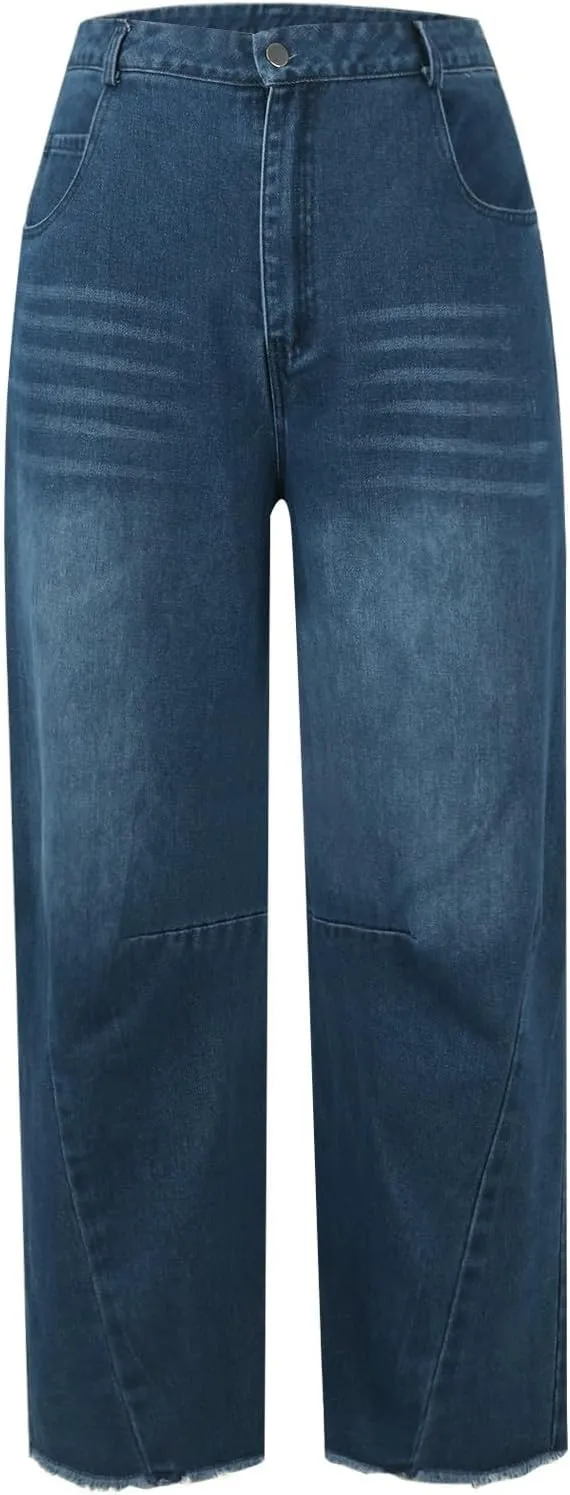 Barrel Leg Jeans Women Balloon Jeans,Women's Baggy Boyfriend Jeans Vintage Wide Leg Mid Rise Barrel Denim Ankle Pants