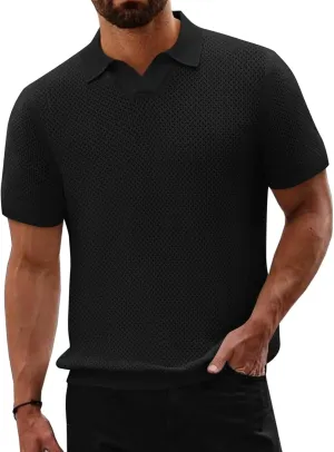 Beotyshow Mens Knit Polo Shirts Short Sleeve Hollow Out Crochet Sweater Tops Regular Fit Casual Fashion Basic Tee