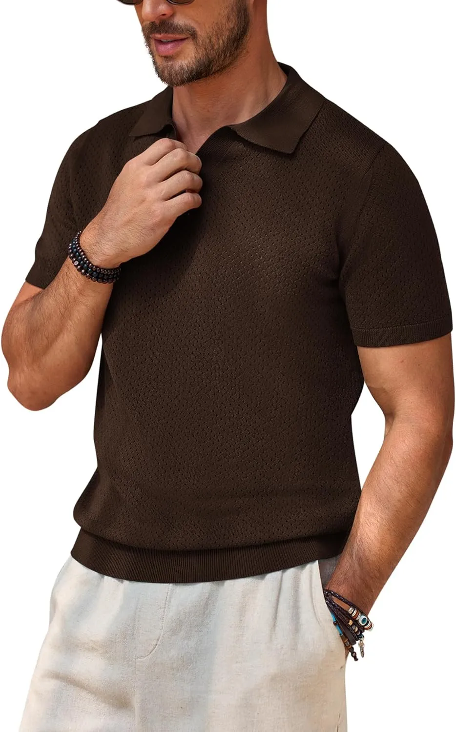 Beotyshow Mens Knit Polo Shirts Short Sleeve Hollow Out Crochet Sweater Tops Regular Fit Casual Fashion Basic Tee