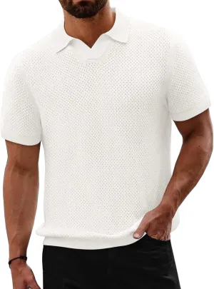 Beotyshow Mens Knit Polo Shirts Short Sleeve Hollow Out Crochet Sweater Tops Regular Fit Casual Fashion Basic Tee