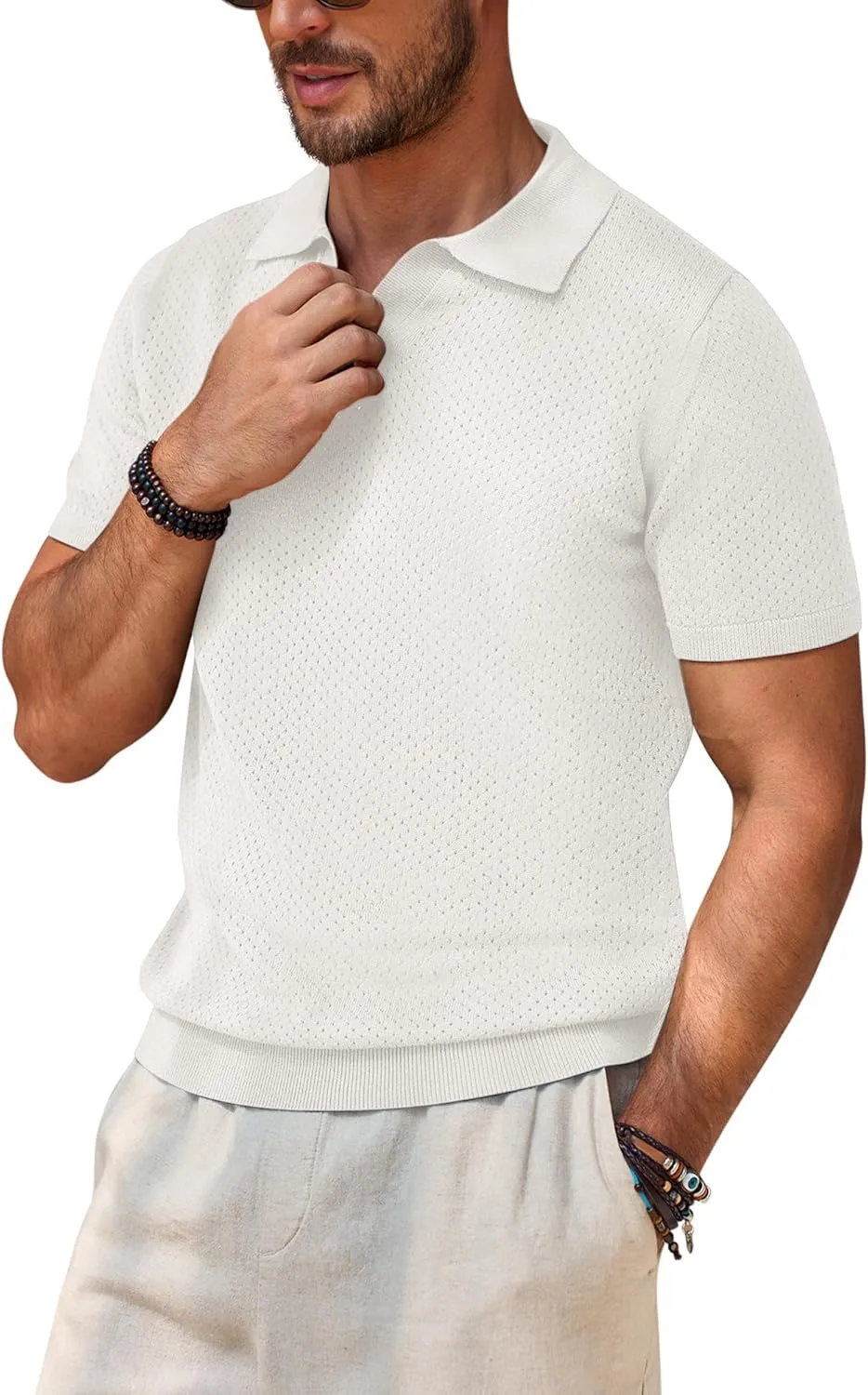 Beotyshow Mens Knit Polo Shirts Short Sleeve Hollow Out Crochet Sweater Tops Regular Fit Casual Fashion Basic Tee