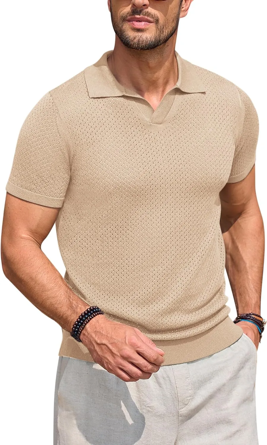 Beotyshow Mens Knit Polo Shirts Short Sleeve Hollow Out Crochet Sweater Tops Regular Fit Casual Fashion Basic Tee
