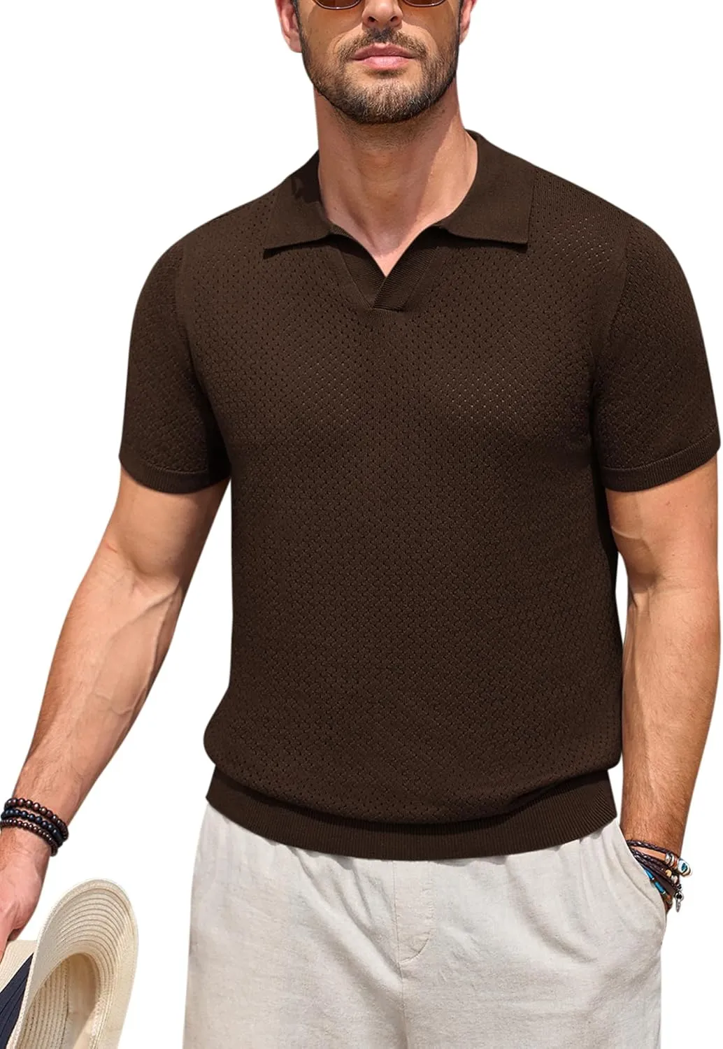 Beotyshow Mens Knit Polo Shirts Short Sleeve Hollow Out Crochet Sweater Tops Regular Fit Casual Fashion Basic Tee