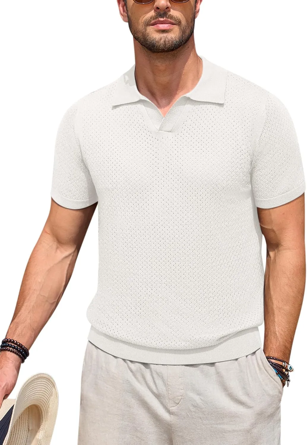 Beotyshow Mens Knit Polo Shirts Short Sleeve Hollow Out Crochet Sweater Tops Regular Fit Casual Fashion Basic Tee
