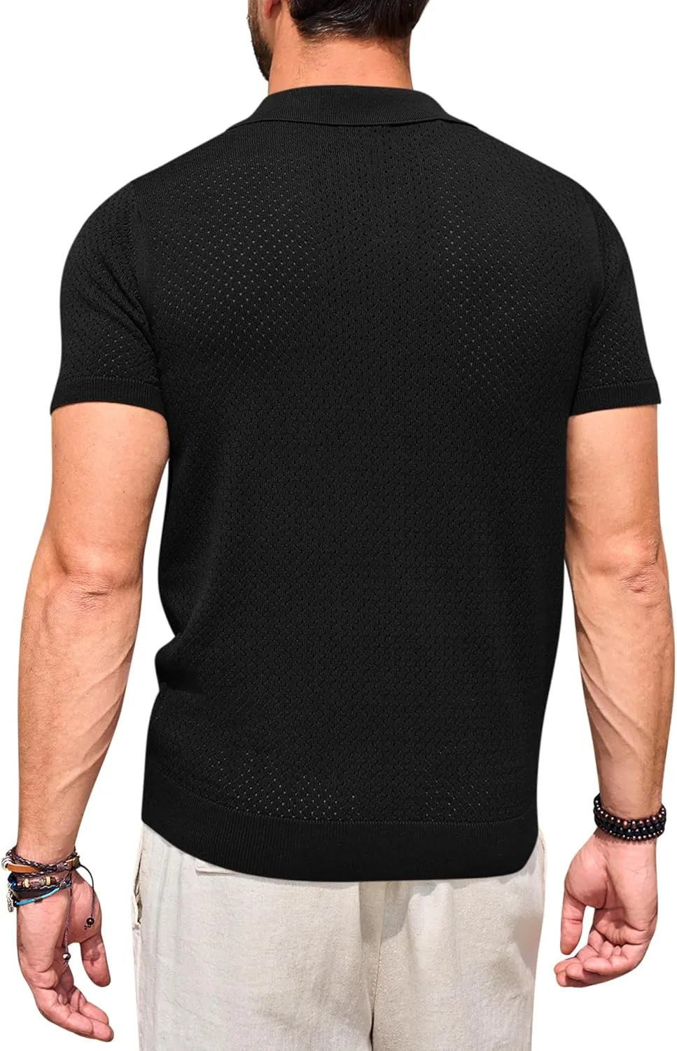 Beotyshow Mens Knit Polo Shirts Short Sleeve Hollow Out Crochet Sweater Tops Regular Fit Casual Fashion Basic Tee