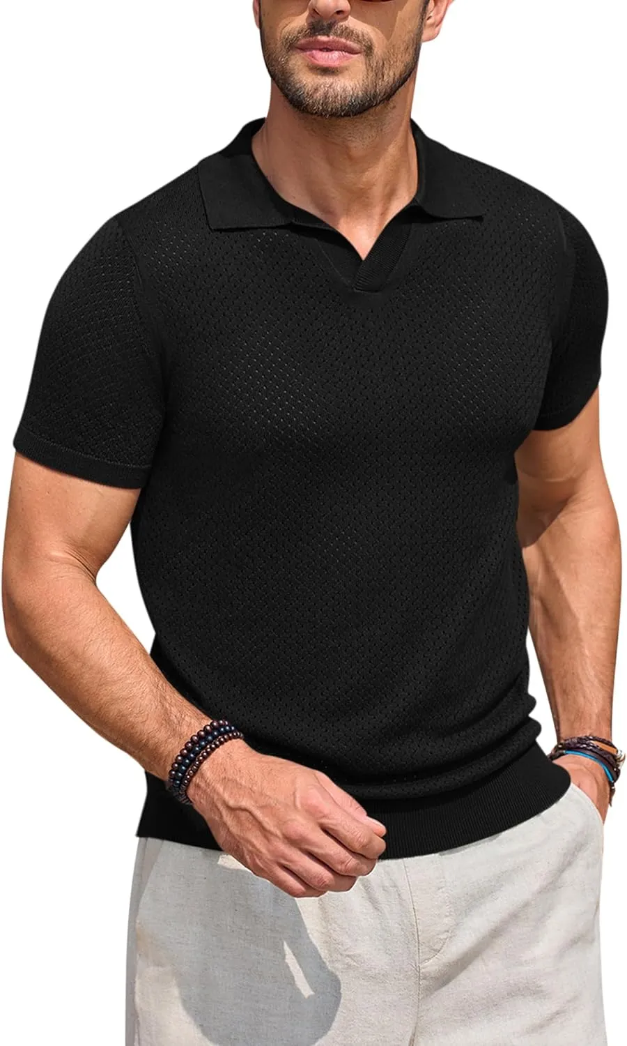 Beotyshow Mens Knit Polo Shirts Short Sleeve Hollow Out Crochet Sweater Tops Regular Fit Casual Fashion Basic Tee