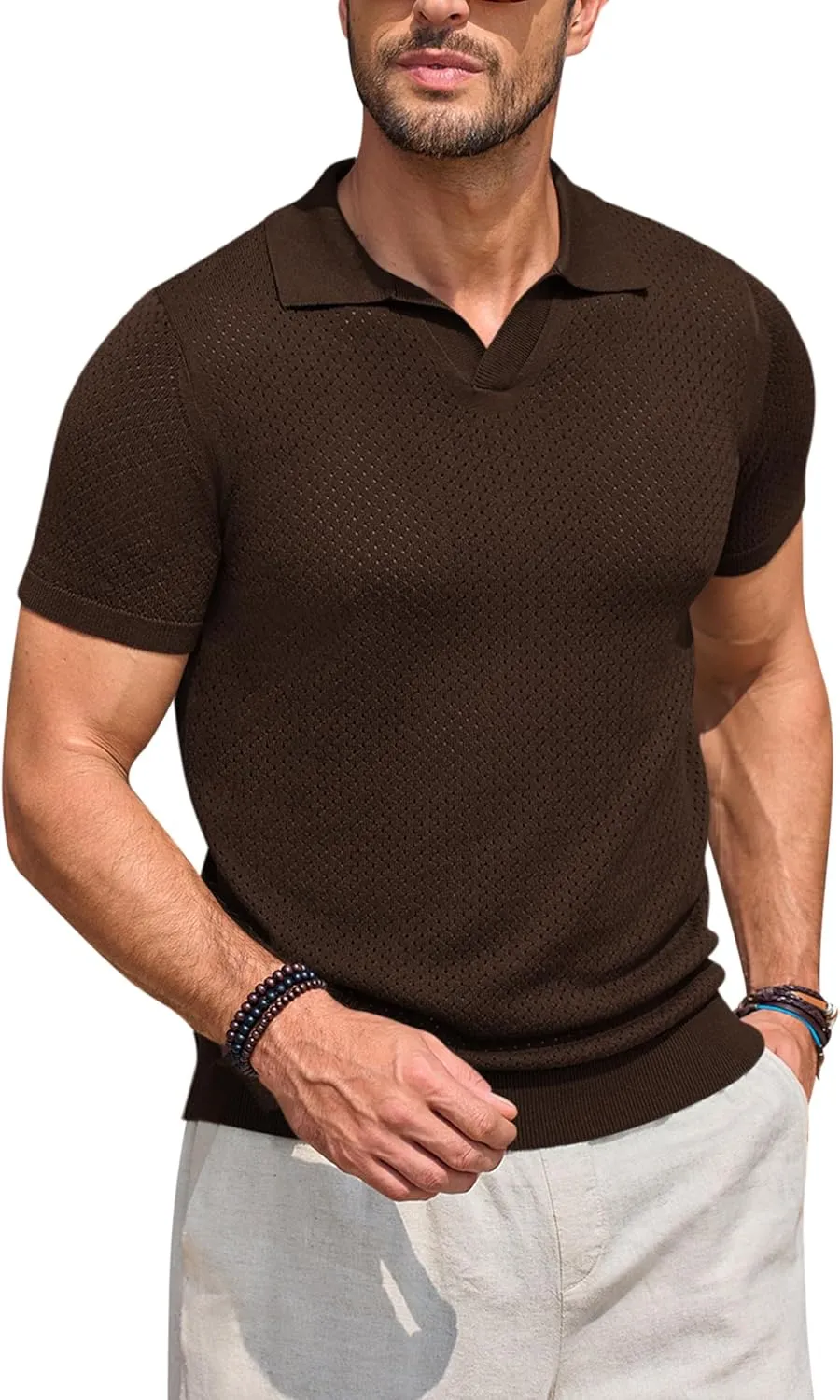 Beotyshow Mens Knit Polo Shirts Short Sleeve Hollow Out Crochet Sweater Tops Regular Fit Casual Fashion Basic Tee