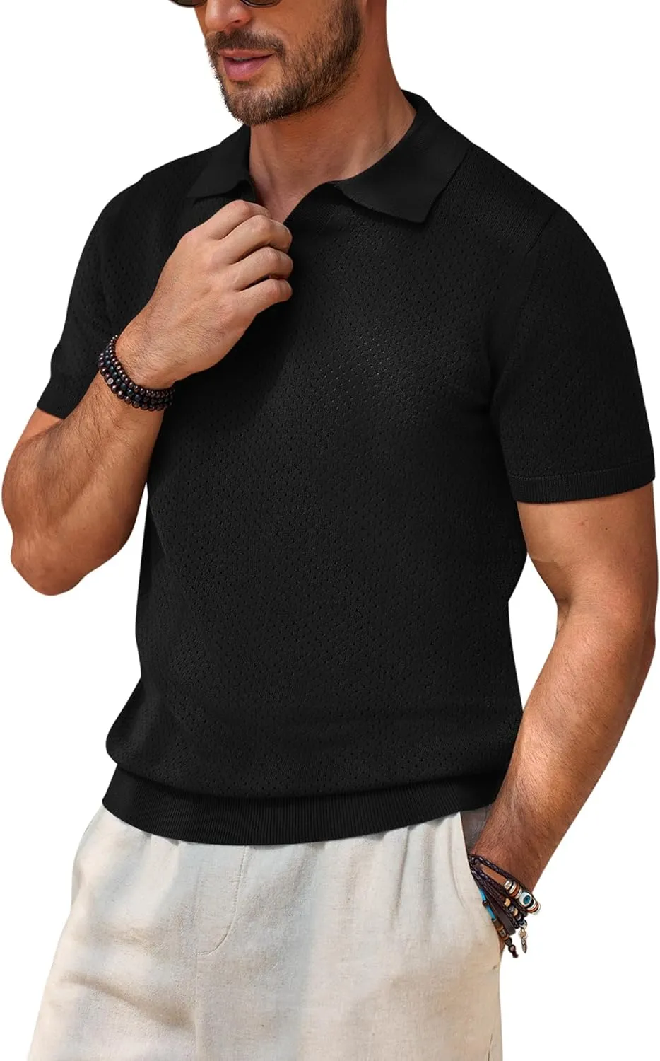 Beotyshow Mens Knit Polo Shirts Short Sleeve Hollow Out Crochet Sweater Tops Regular Fit Casual Fashion Basic Tee
