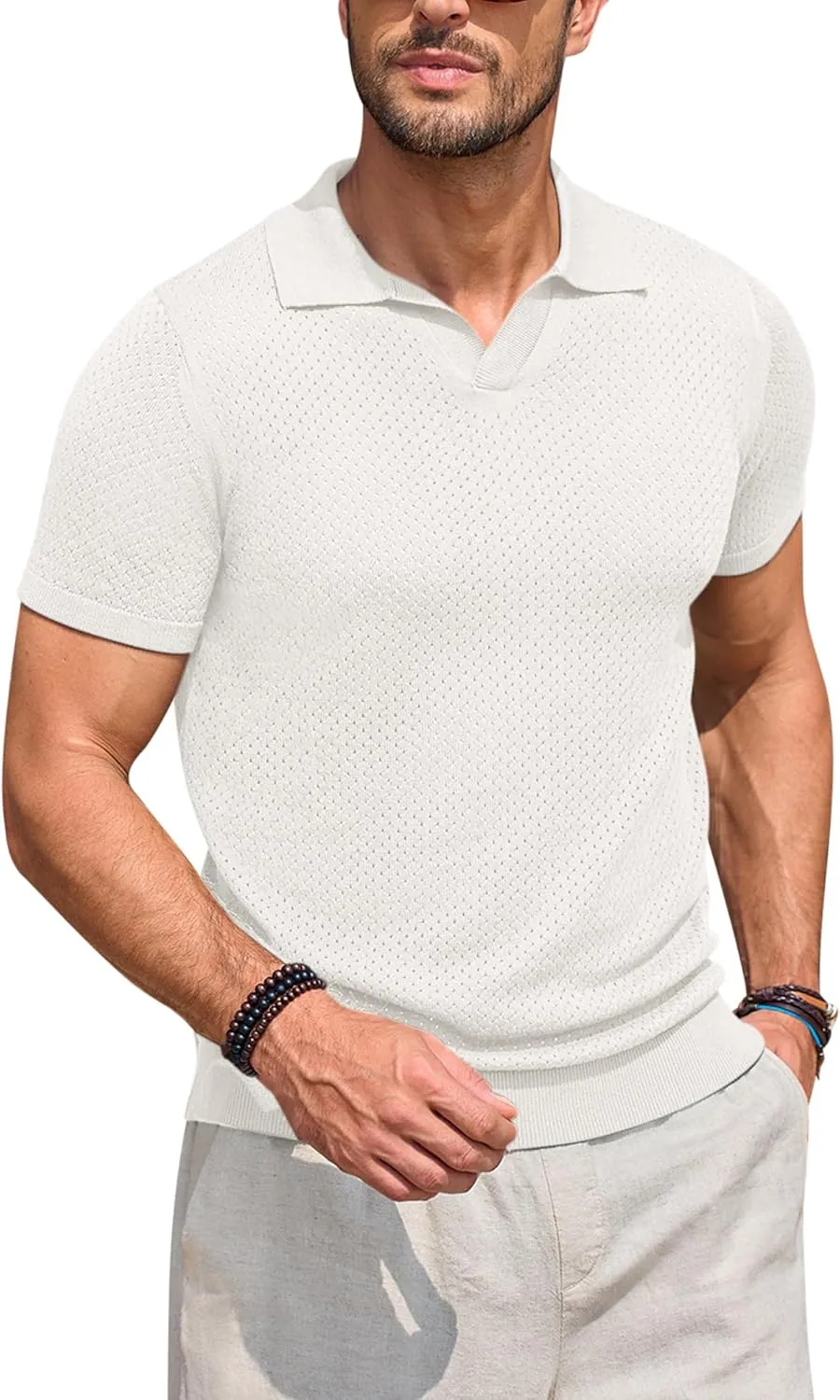 Beotyshow Mens Knit Polo Shirts Short Sleeve Hollow Out Crochet Sweater Tops Regular Fit Casual Fashion Basic Tee