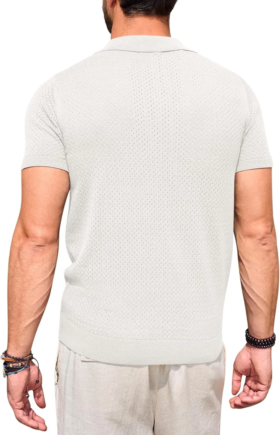 Beotyshow Mens Knit Polo Shirts Short Sleeve Hollow Out Crochet Sweater Tops Regular Fit Casual Fashion Basic Tee