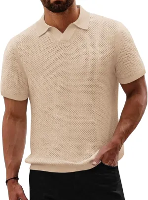 Beotyshow Mens Knit Polo Shirts Short Sleeve Hollow Out Crochet Sweater Tops Regular Fit Casual Fashion Basic Tee