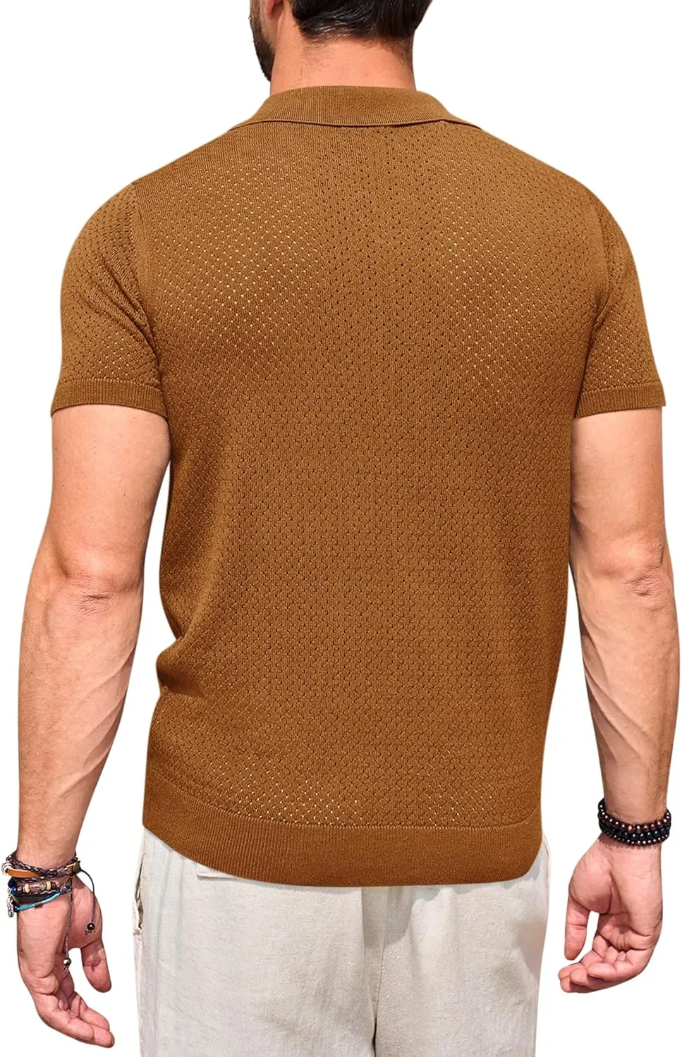 Beotyshow Mens Knit Polo Shirts Short Sleeve Hollow Out Crochet Sweater Tops Regular Fit Casual Fashion Basic Tee