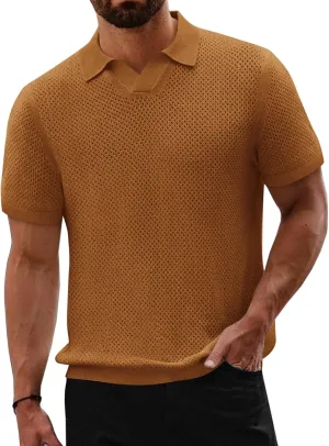 Beotyshow Mens Knit Polo Shirts Short Sleeve Hollow Out Crochet Sweater Tops Regular Fit Casual Fashion Basic Tee