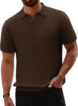 Beotyshow Mens Knit Polo Shirts Short Sleeve Hollow Out Crochet Sweater Tops Regular Fit Casual Fashion Basic Tee