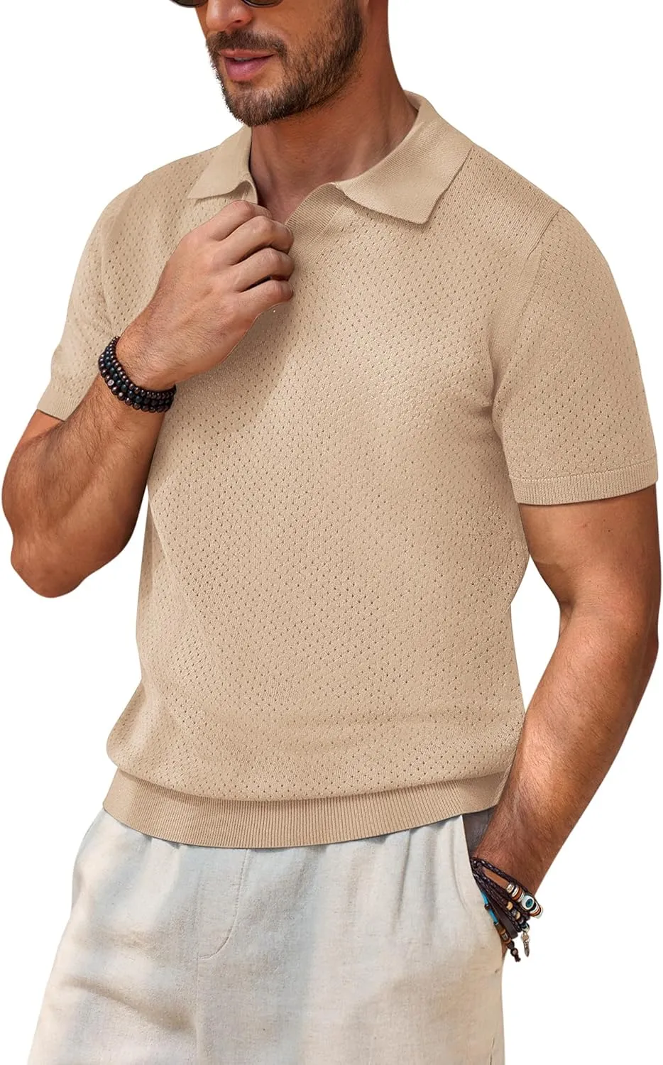 Beotyshow Mens Knit Polo Shirts Short Sleeve Hollow Out Crochet Sweater Tops Regular Fit Casual Fashion Basic Tee