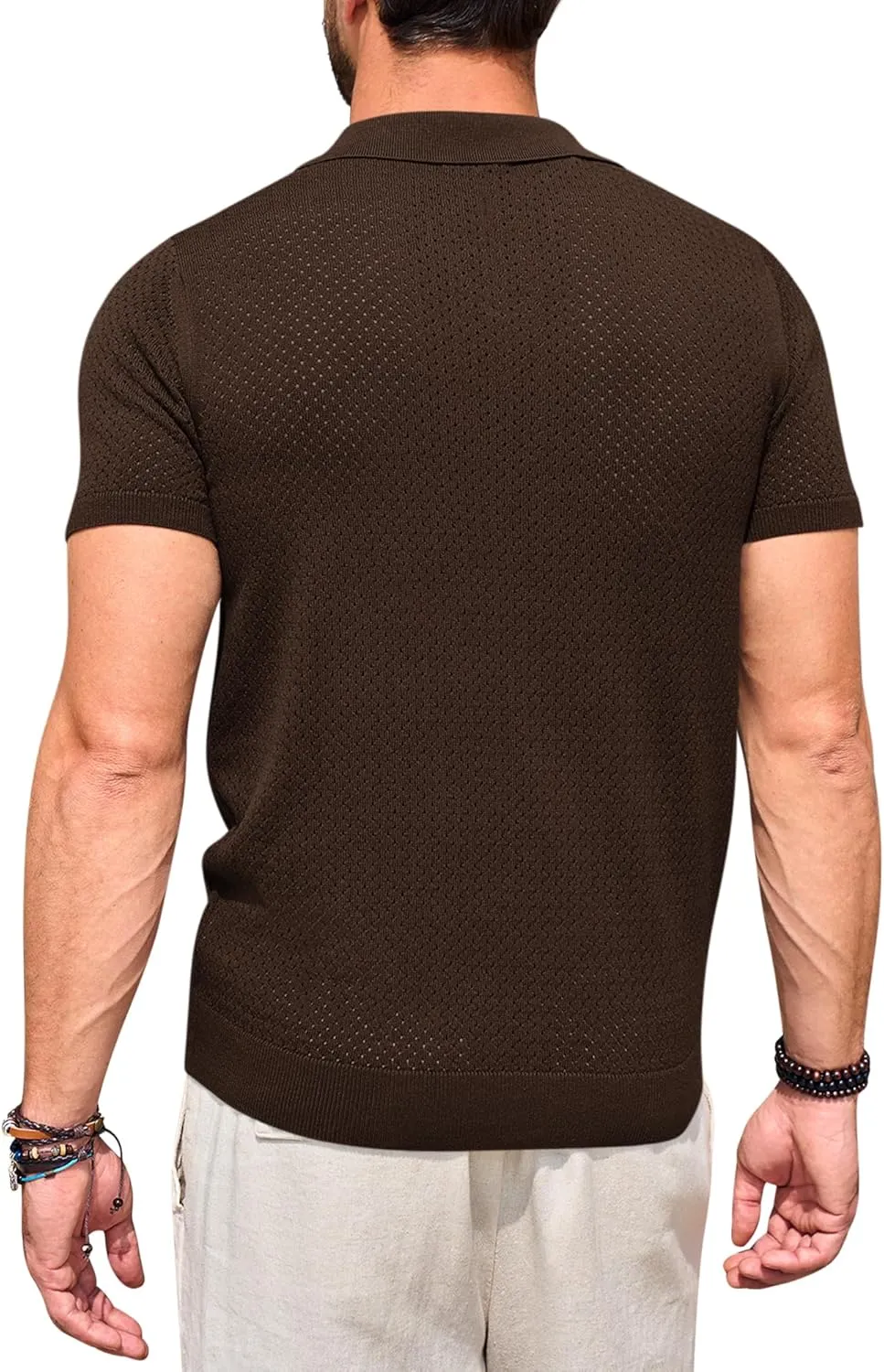 Beotyshow Mens Knit Polo Shirts Short Sleeve Hollow Out Crochet Sweater Tops Regular Fit Casual Fashion Basic Tee
