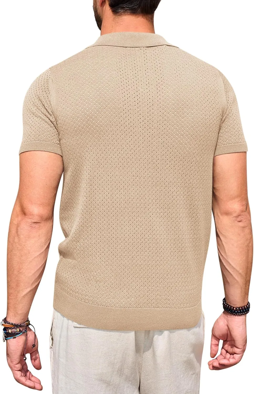 Beotyshow Mens Knit Polo Shirts Short Sleeve Hollow Out Crochet Sweater Tops Regular Fit Casual Fashion Basic Tee