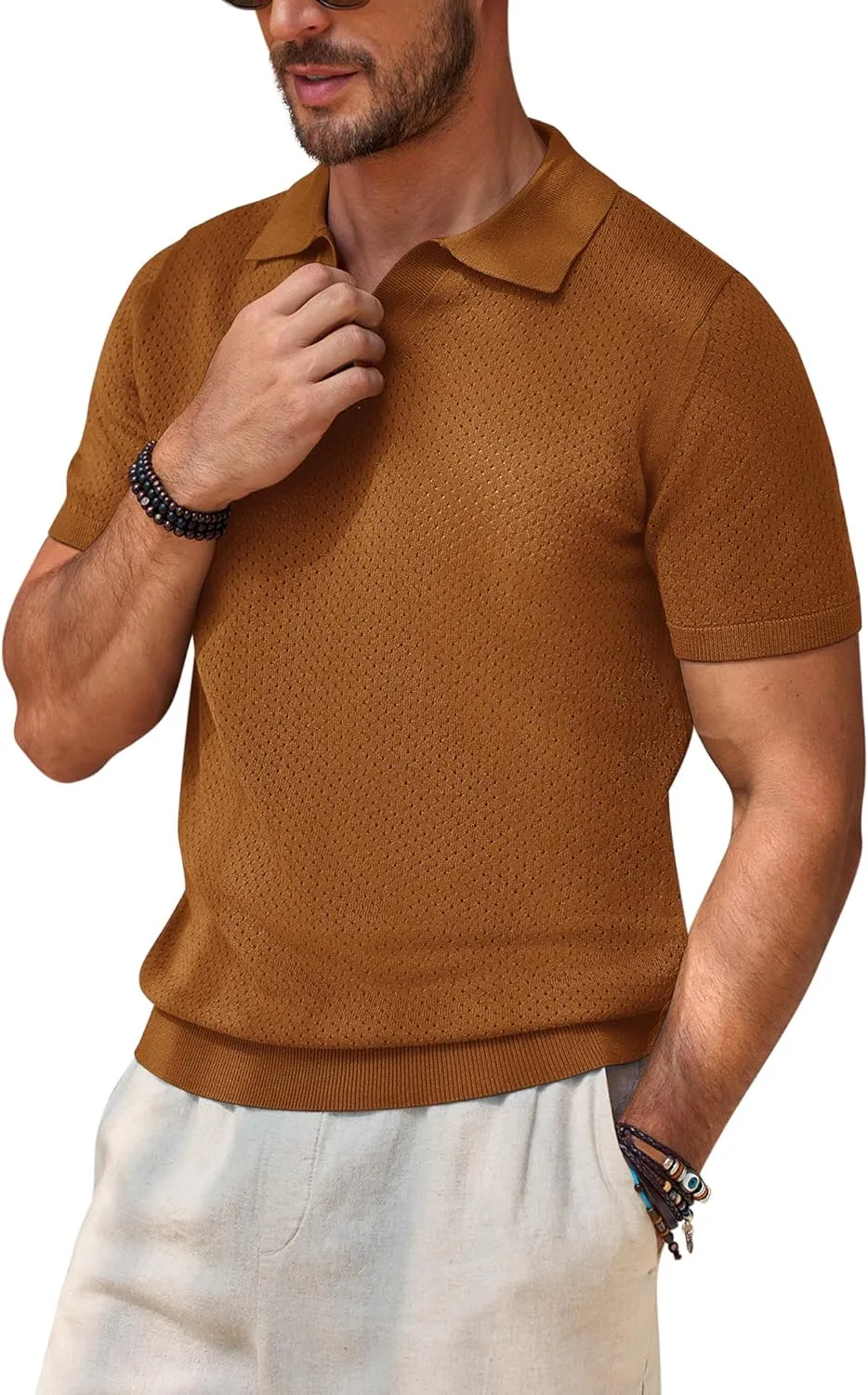 Beotyshow Mens Knit Polo Shirts Short Sleeve Hollow Out Crochet Sweater Tops Regular Fit Casual Fashion Basic Tee