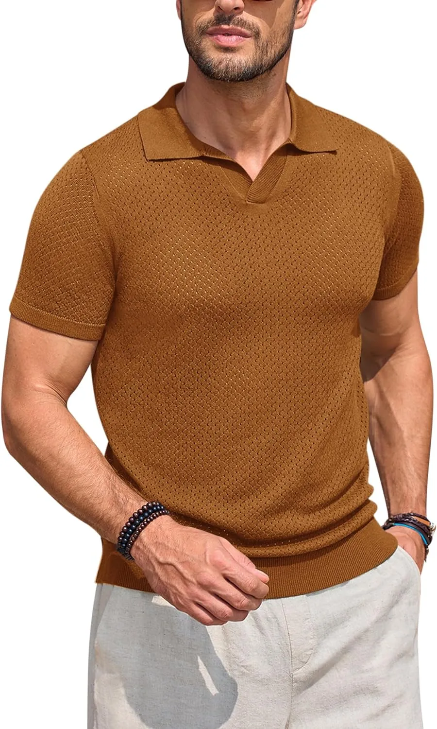 Beotyshow Mens Knit Polo Shirts Short Sleeve Hollow Out Crochet Sweater Tops Regular Fit Casual Fashion Basic Tee