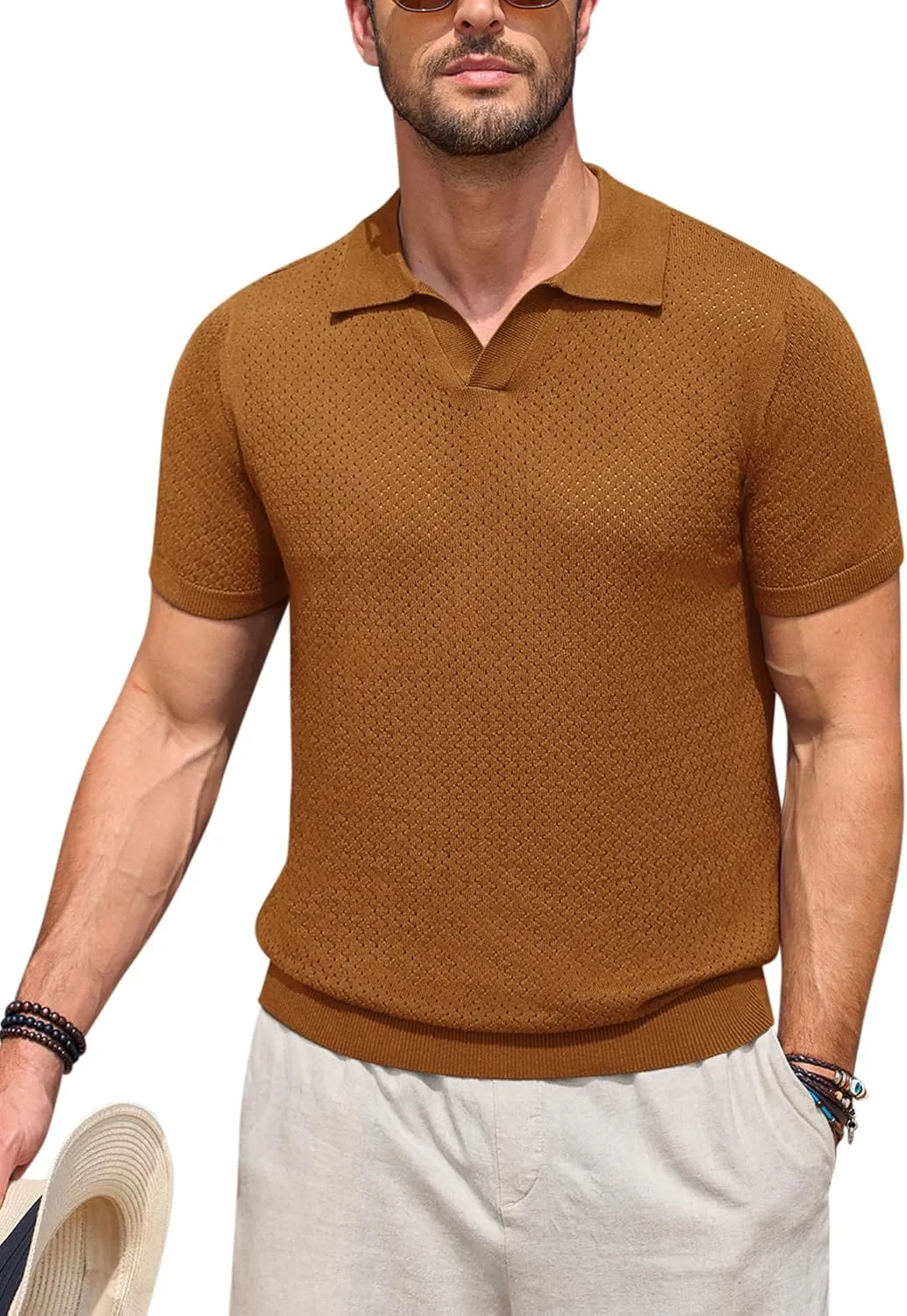 Beotyshow Mens Knit Polo Shirts Short Sleeve Hollow Out Crochet Sweater Tops Regular Fit Casual Fashion Basic Tee