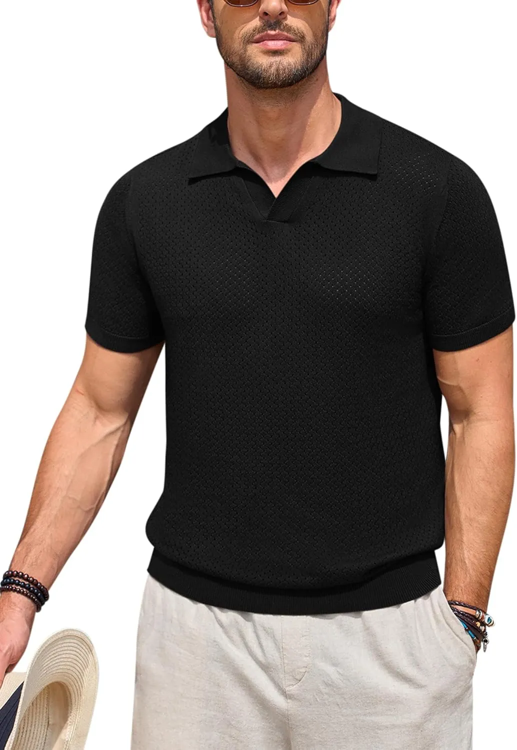 Beotyshow Mens Knit Polo Shirts Short Sleeve Hollow Out Crochet Sweater Tops Regular Fit Casual Fashion Basic Tee