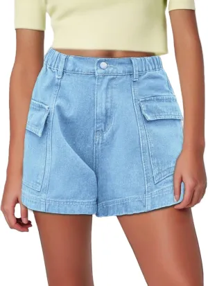 Bermuda Shorts for Women Jeans Loose Wide Leg High Elastic Waisted Workout Cargo Denim Shorts with Pockets for Women Jeans