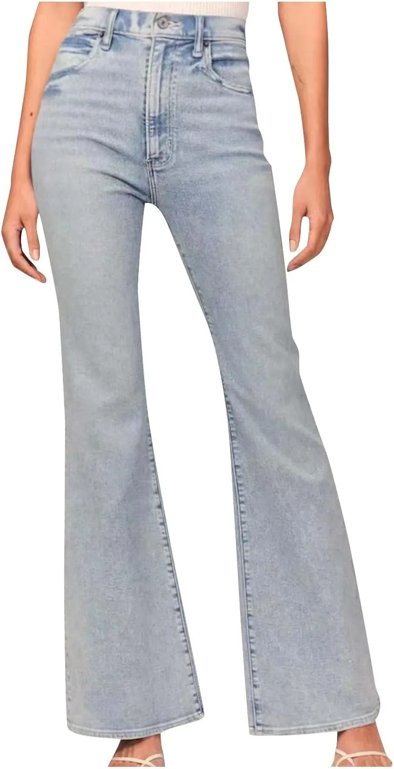 Bidobibo High Waisted Jeans for Women Tummy Control Elastic Waist Baggy Jeans Womens Bell Bottom Jeans Long Flare Denim Pants