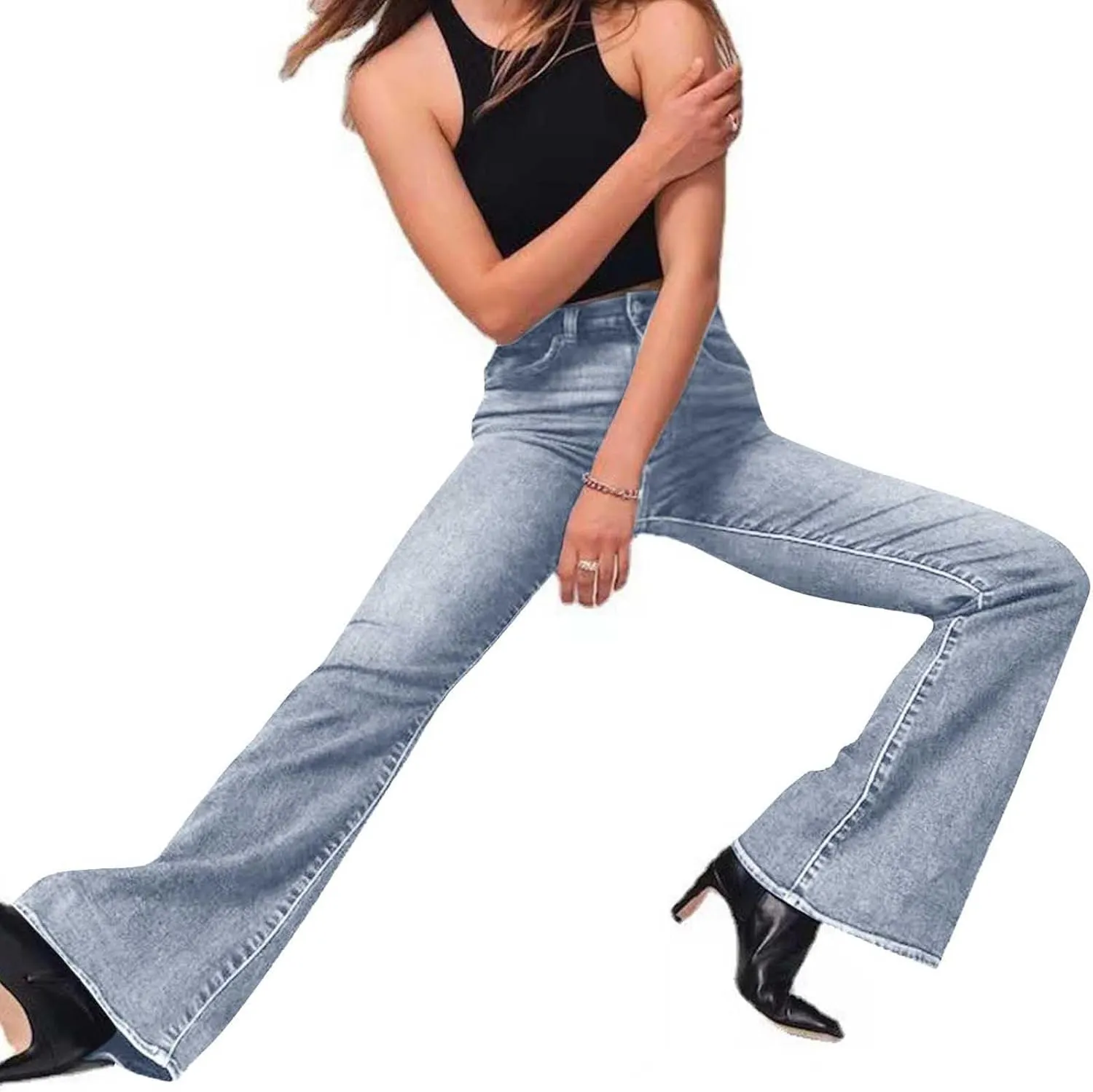 Bidobibo High Waisted Jeans for Women Tummy Control Elastic Waist Baggy Jeans Womens Bell Bottom Jeans Long Flare Denim Pants