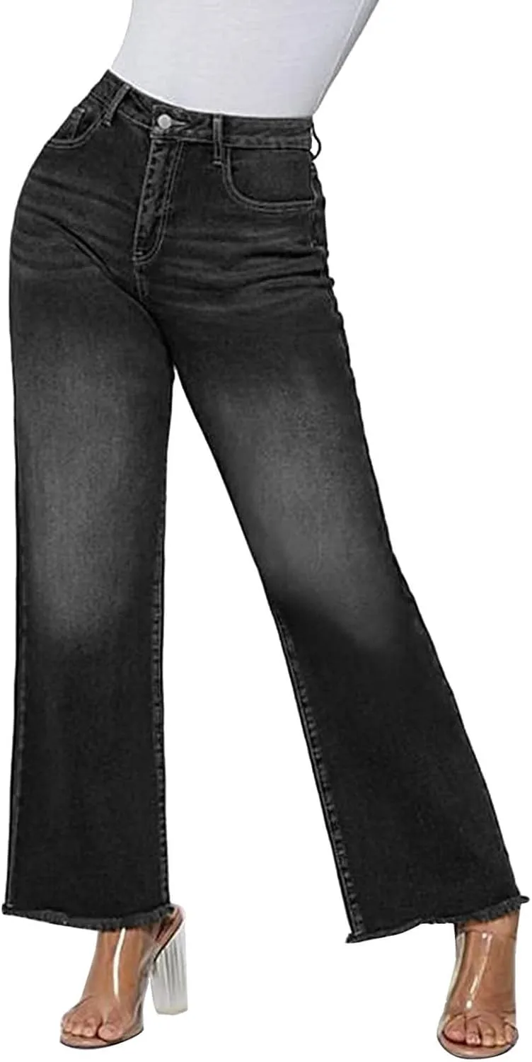 Bidobibo Jeans for Women High Waist Plus Size Straight Leg Pants Casual Stretch Jeans Tummy Control Flare Denim Pants 2024