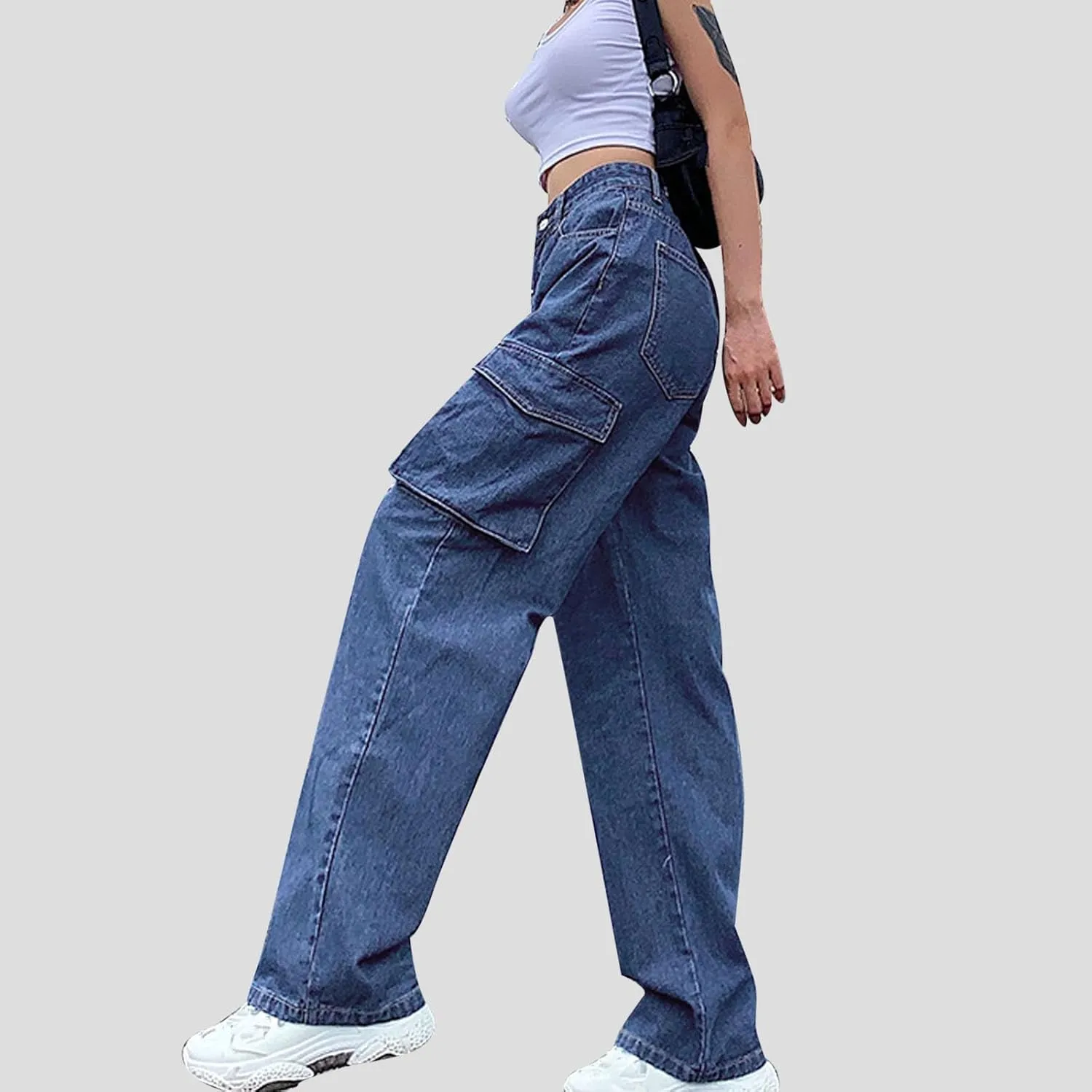 Bidobibo Womens Jeans Straight Leg Pull On Flare Denim Pants High Waisted Jeans for Women Tummy Control Baggy Jeans Y2K