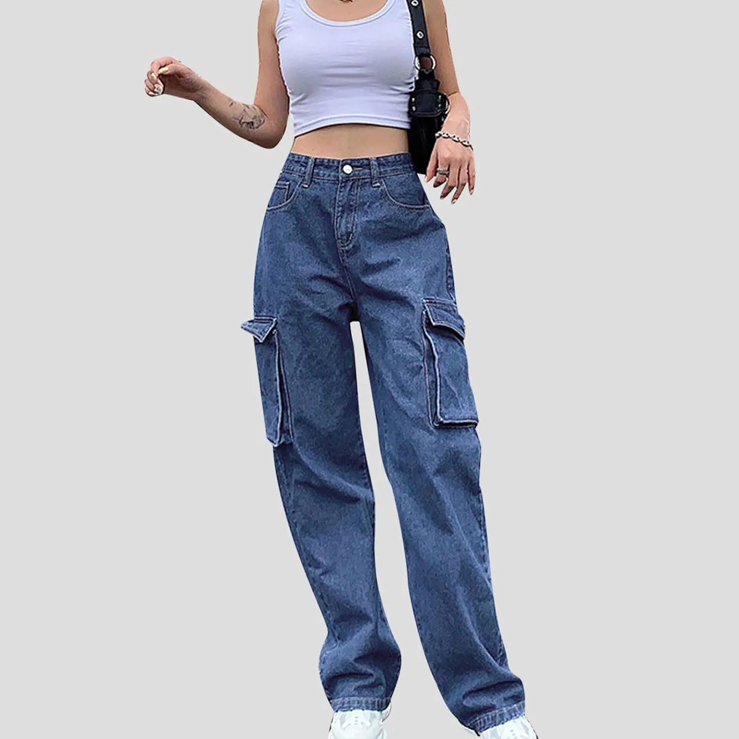 Bidobibo Womens Jeans Straight Leg Pull On Flare Denim Pants High Waisted Jeans for Women Tummy Control Baggy Jeans Y2K