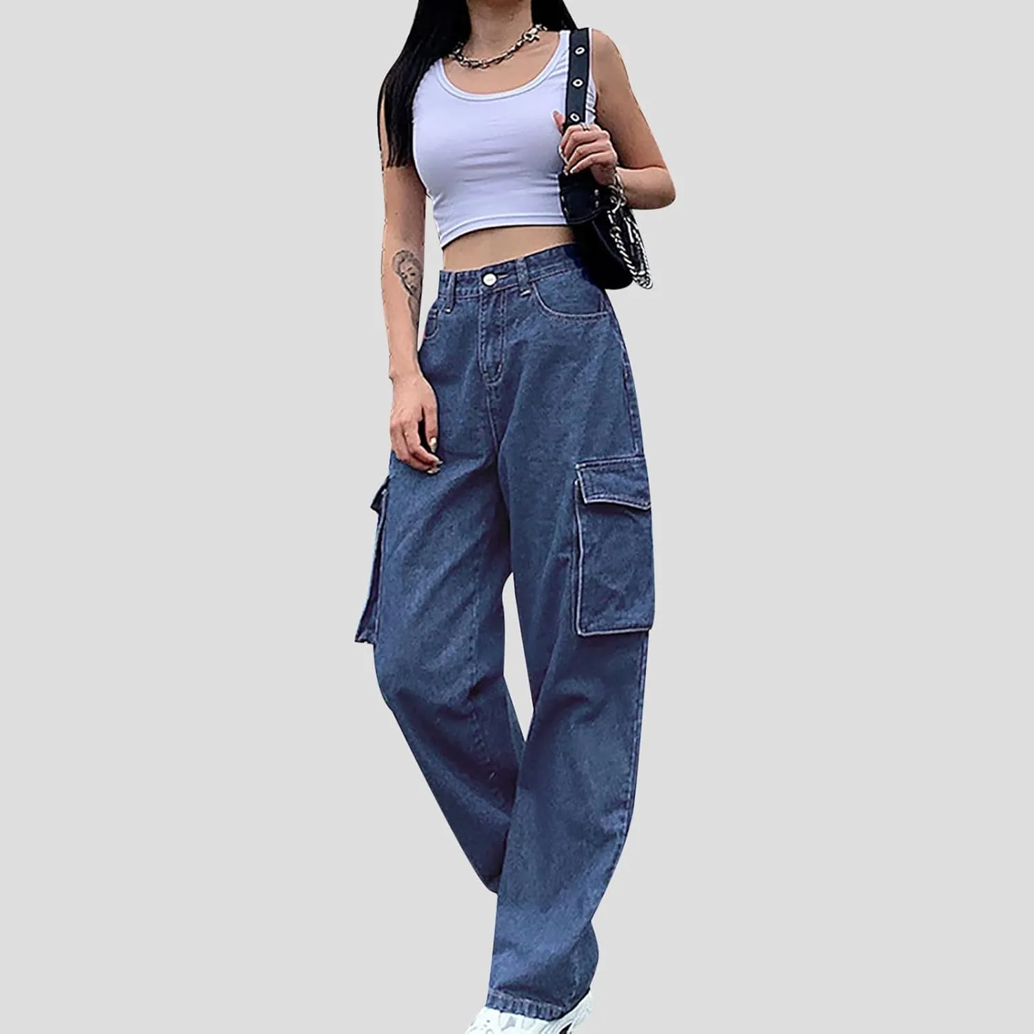 Bidobibo Womens Jeans Straight Leg Pull On Flare Denim Pants High Waisted Jeans for Women Tummy Control Baggy Jeans Y2K