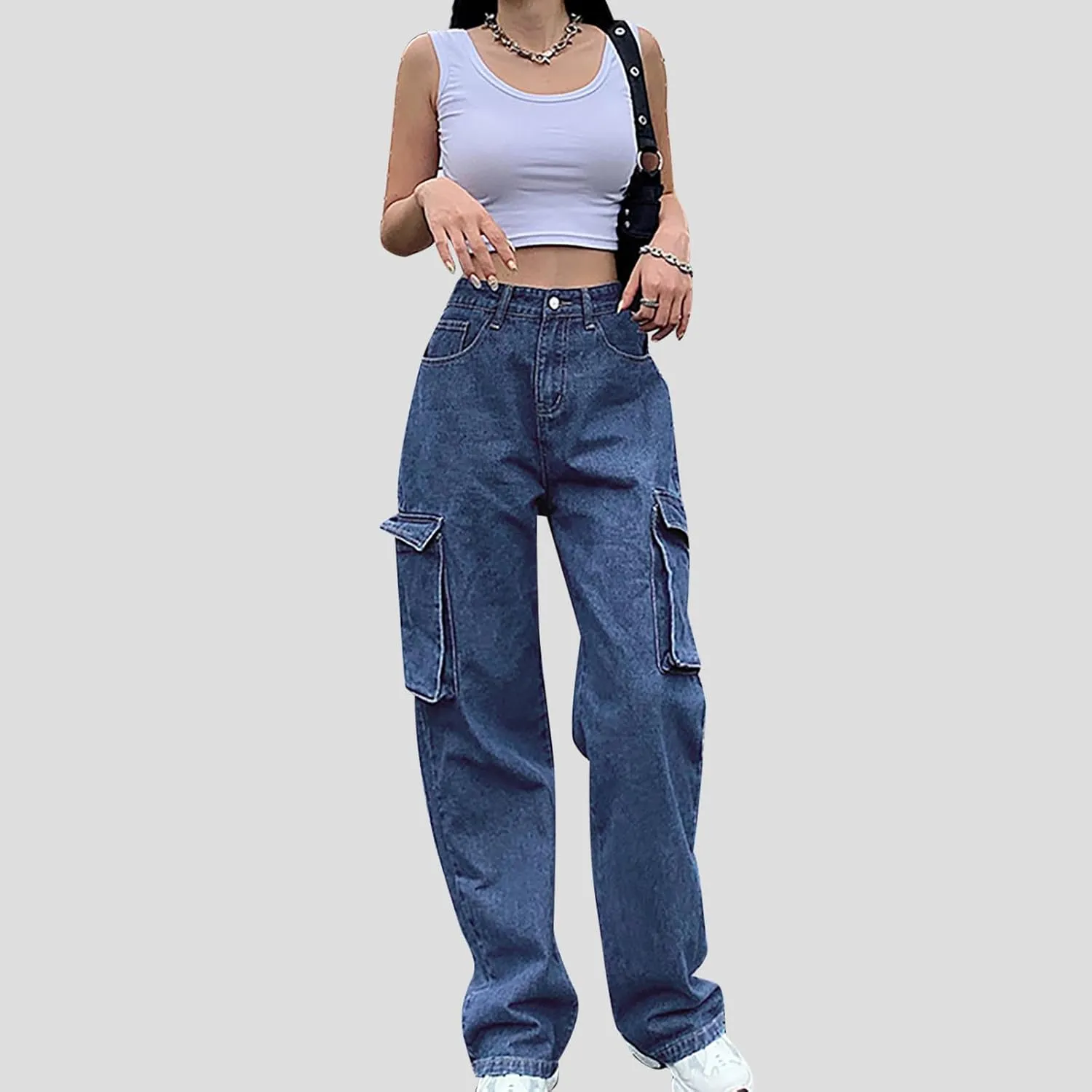 Bidobibo Womens Jeans Straight Leg Pull On Flare Denim Pants High Waisted Jeans for Women Tummy Control Baggy Jeans Y2K