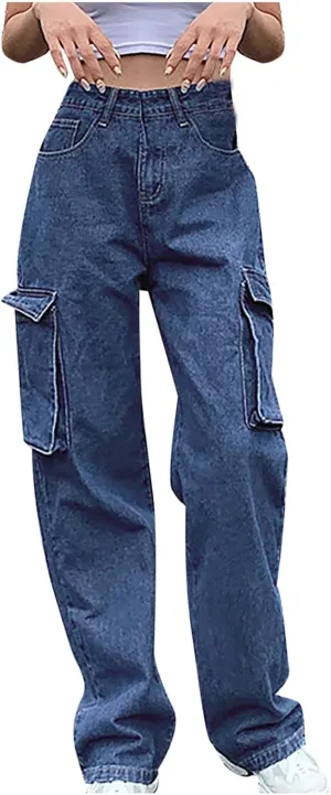 Bidobibo Womens Jeans Straight Leg Pull On Flare Denim Pants High Waisted Jeans for Women Tummy Control Baggy Jeans Y2K