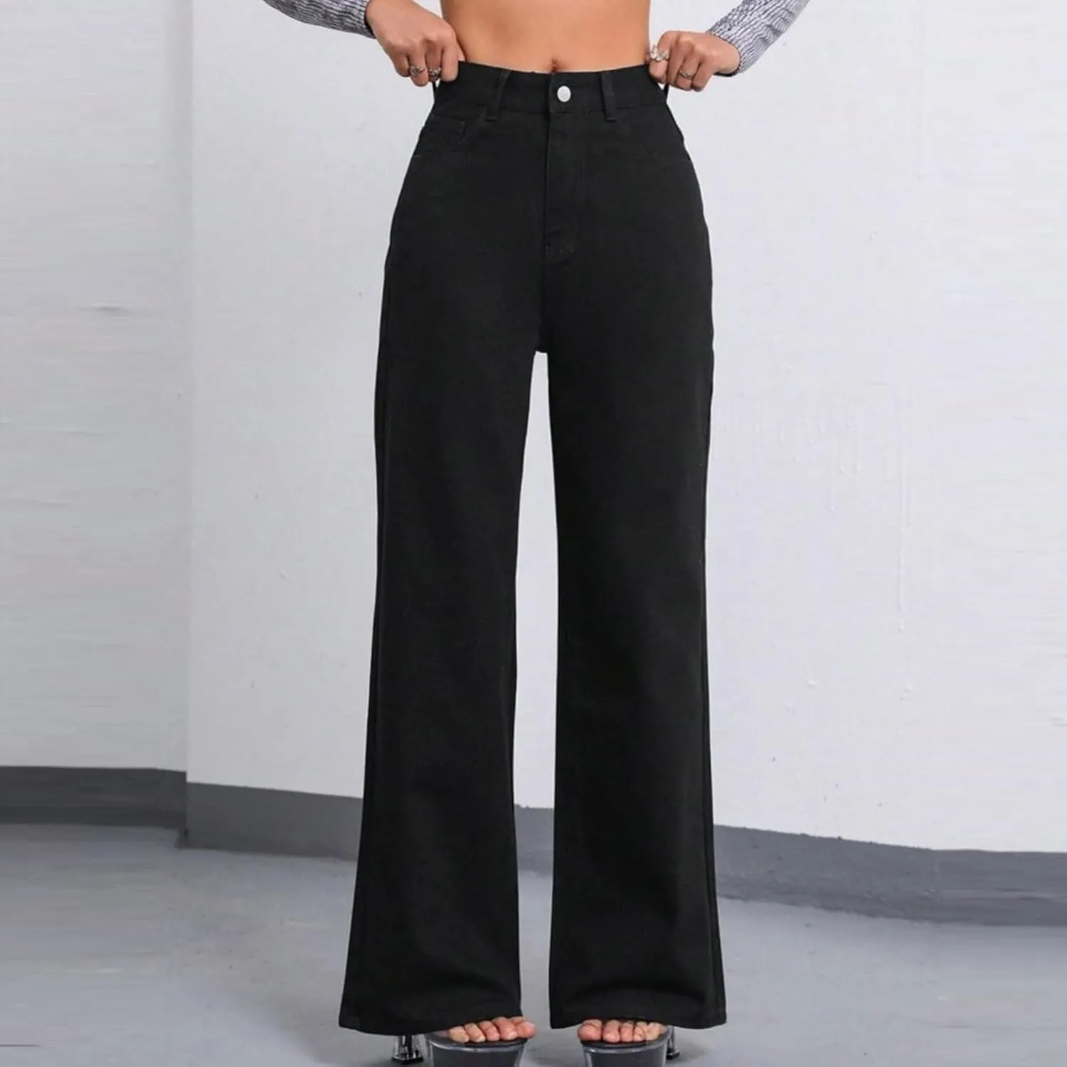 Bidobibo Womens Jeans Trendy High Waisted Straight Leg Jeans Distressed Wide Leg Jeans for Women Trendy Flare Denim Pants
